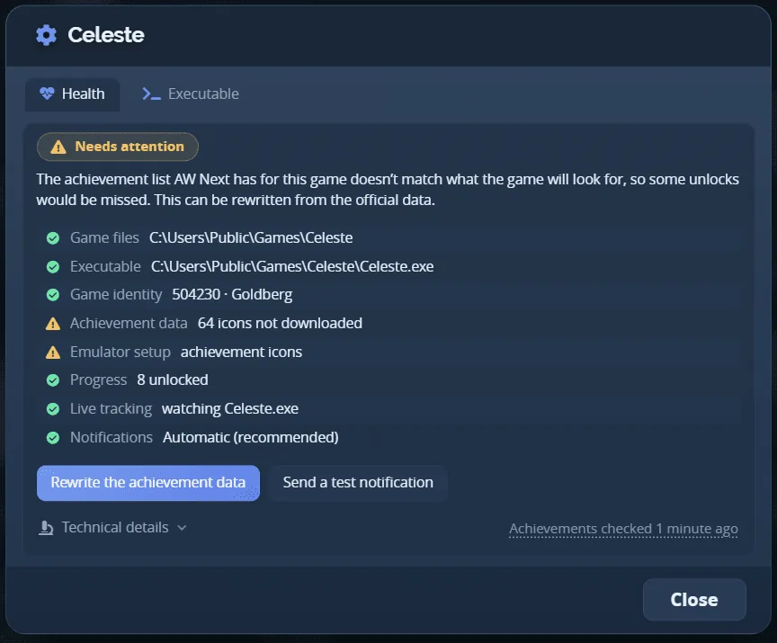 The Game Health panel explaining why a game is or is not tracked