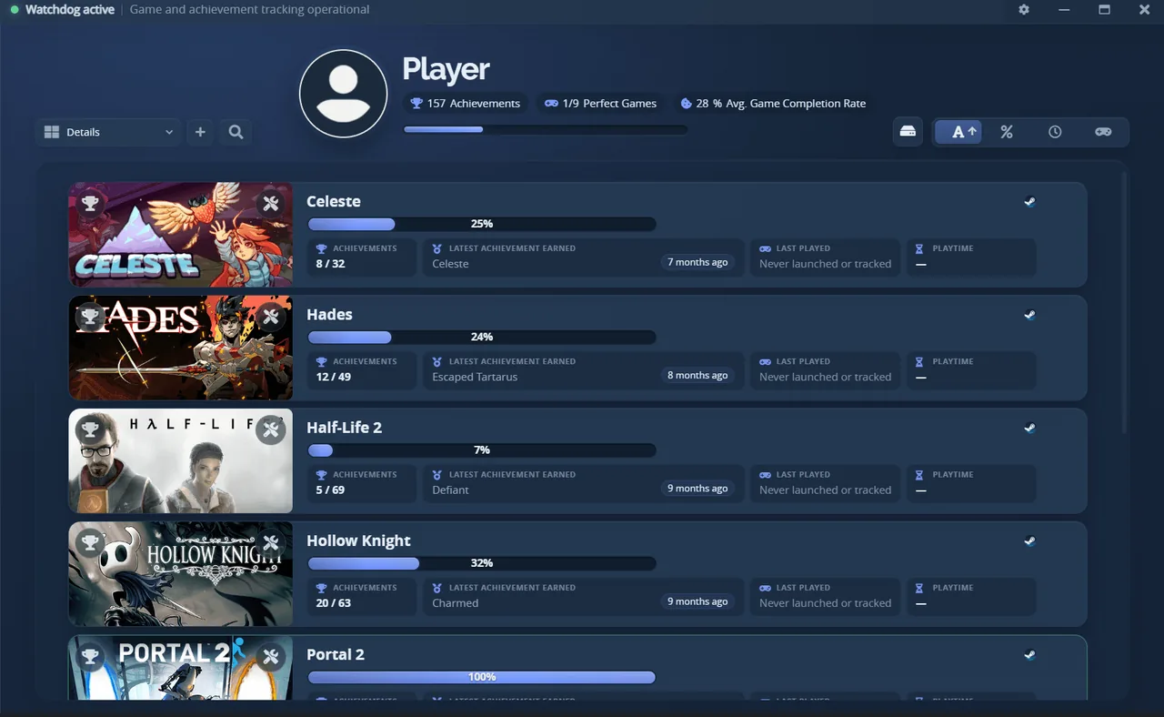 The Details library view with latest achievement, last session and playtime per game