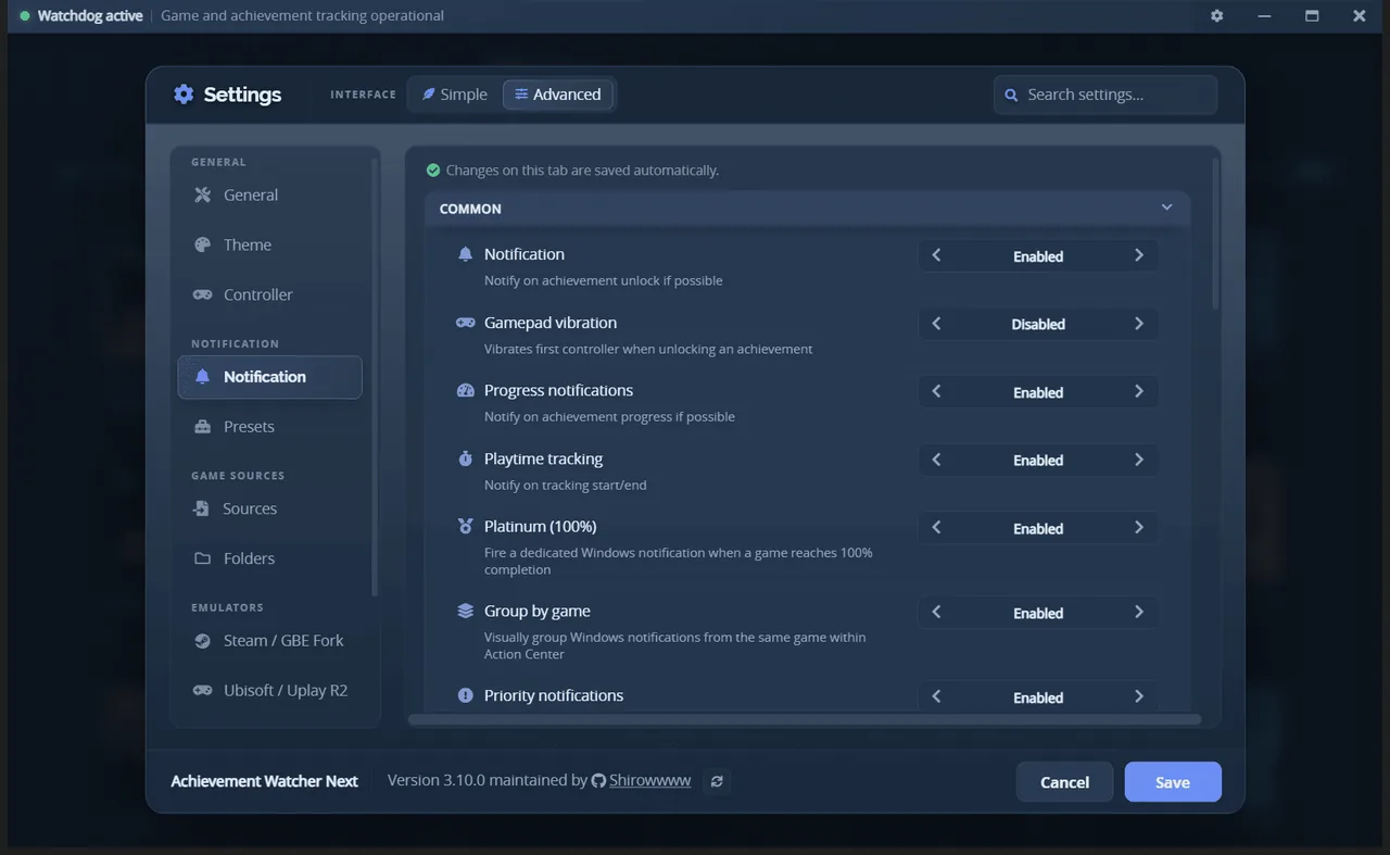 The notification settings tab