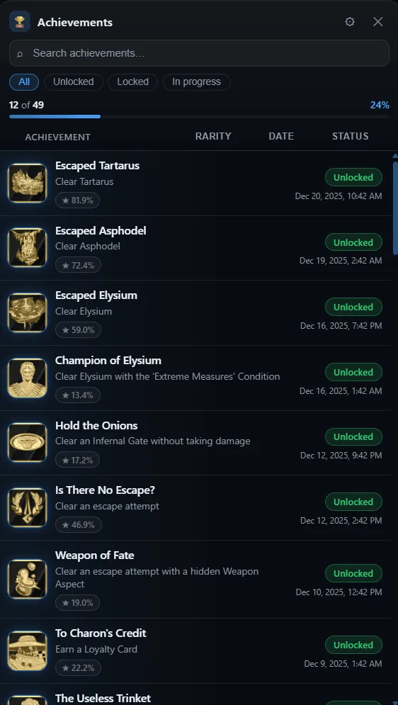 The in-game overlay listing achievements over a running game