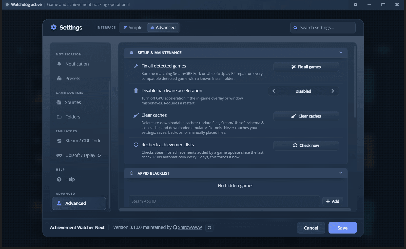 Settings - Advanced, setup and maintenance
