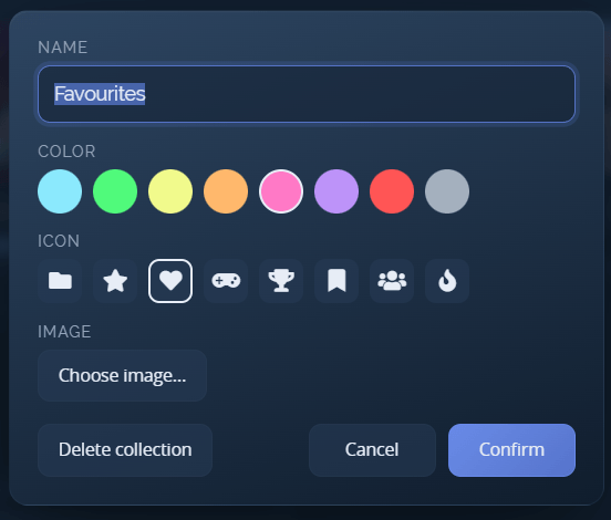 The collection editor, with name, colour, icon and image