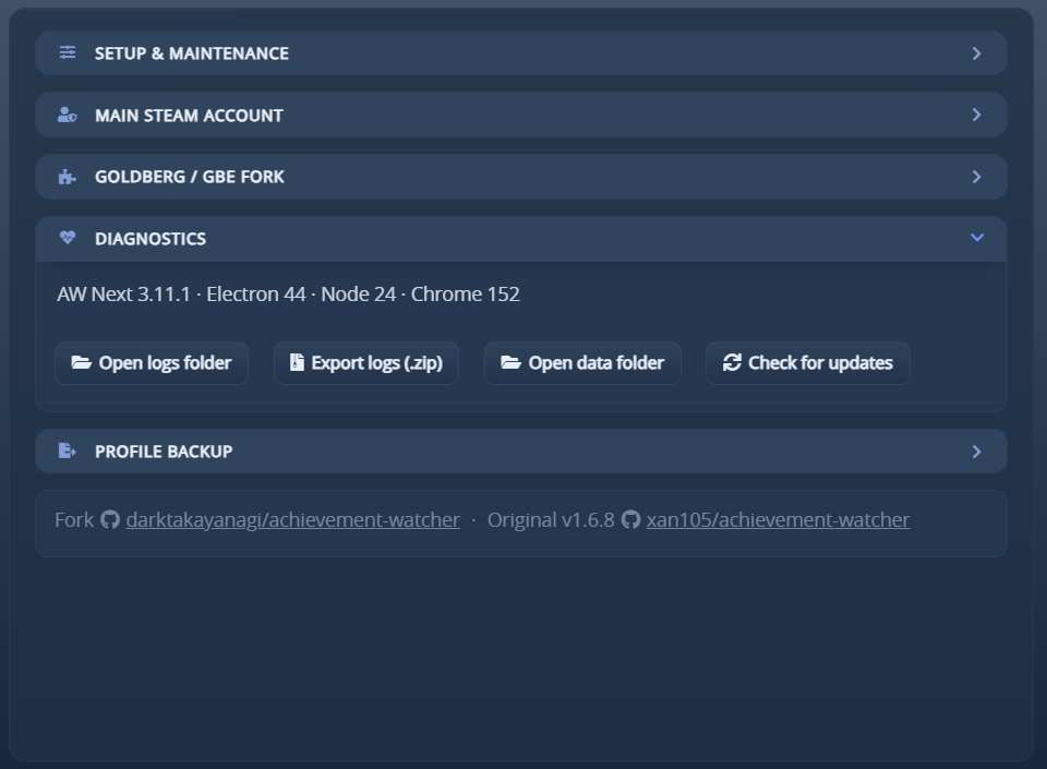 Settings - Advanced, diagnostics