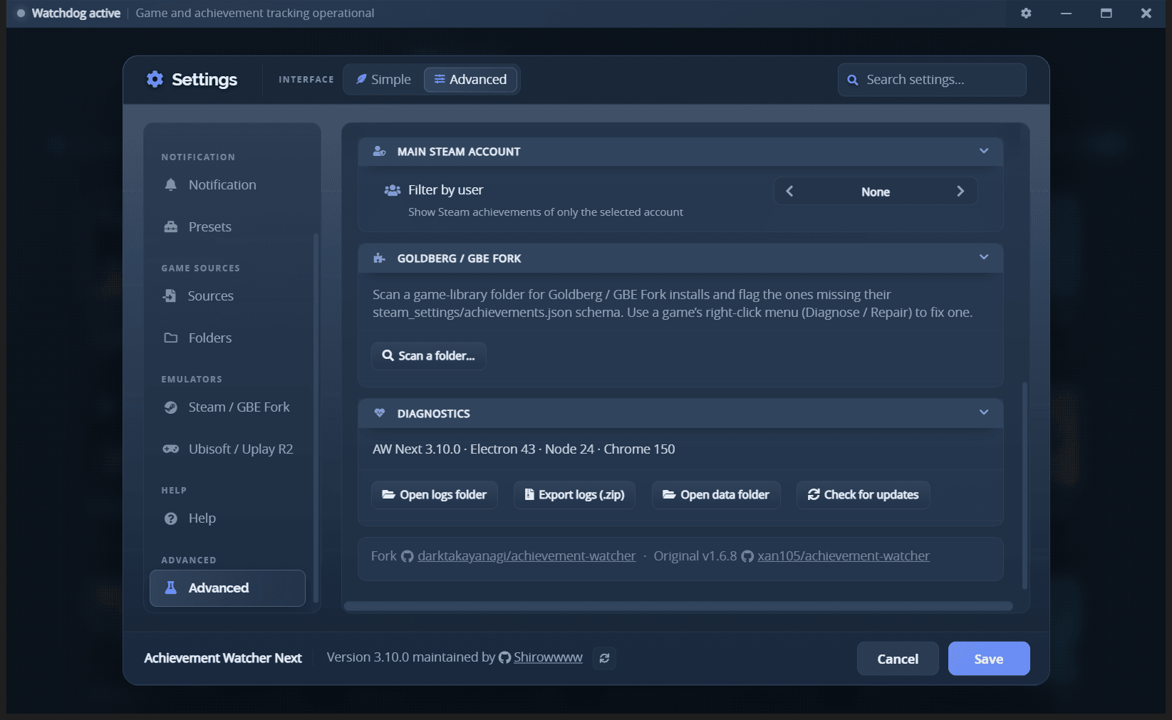 Settings - Advanced, diagnostics