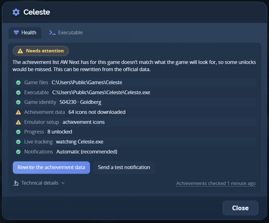 Game Health panel showing a Ready state