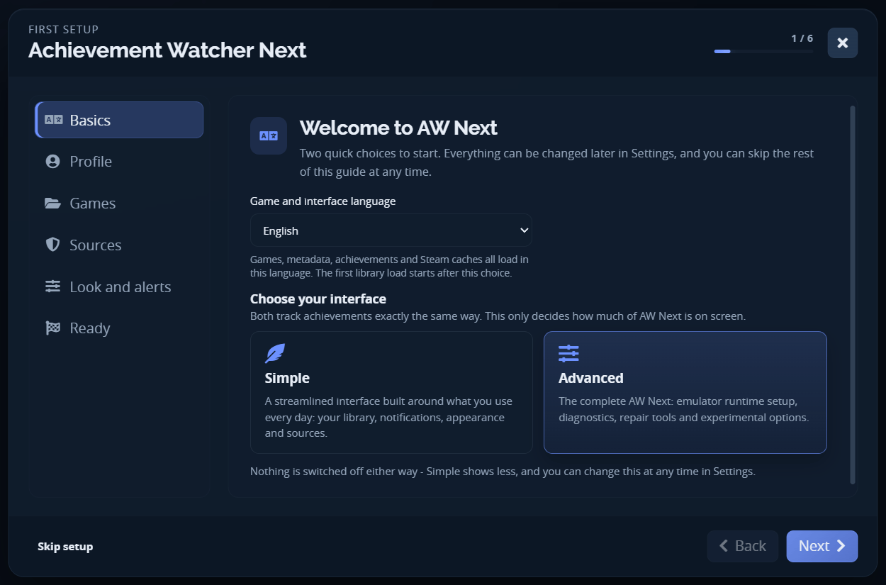 First-run guide, choosing the language and the Simple or Advanced interface