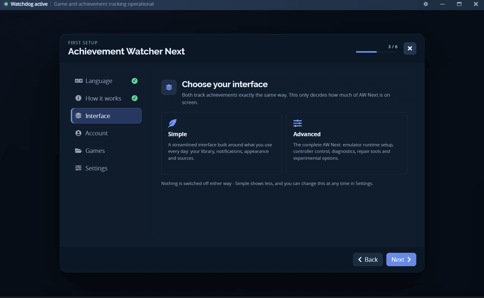 First-run guide, choosing between the Simple and Advanced interface