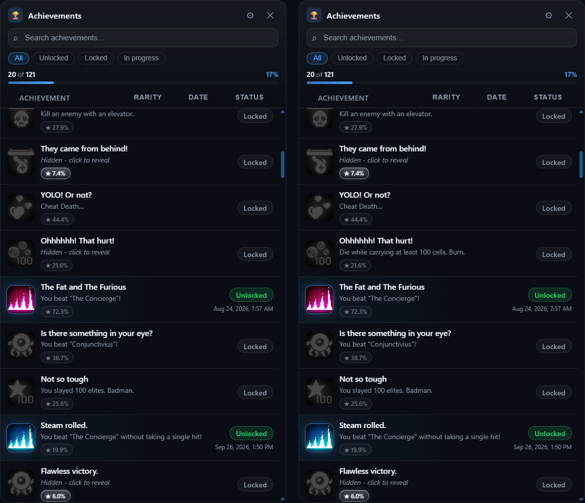 The overlay list twice: hidden descriptions masked, then one revealed