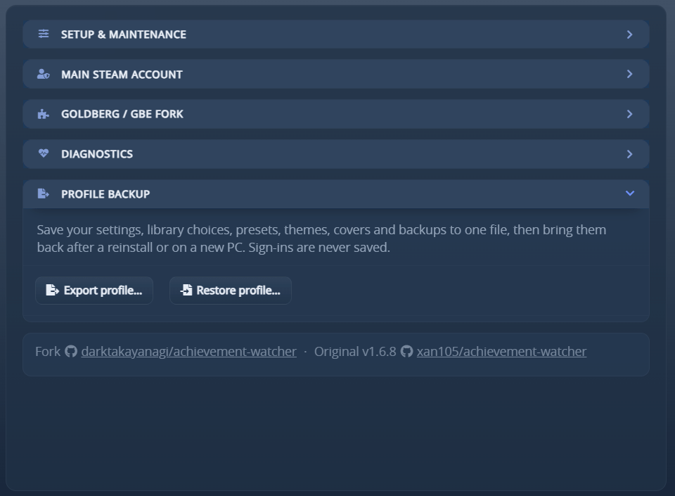 Settings - Advanced, profile backup