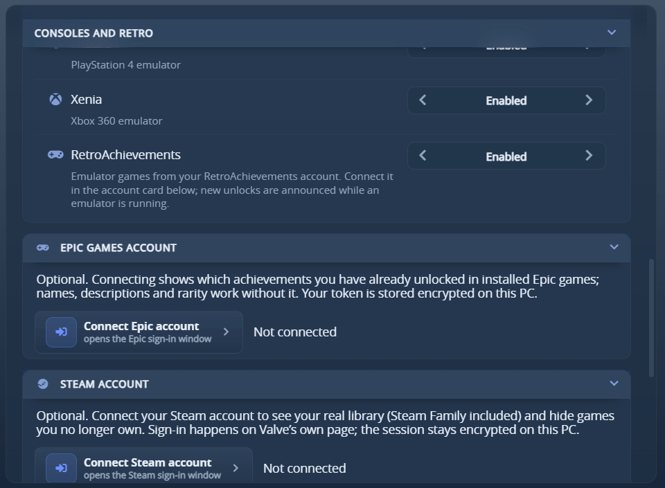 Settings, Sources: the RetroAchievements switch above the account cards