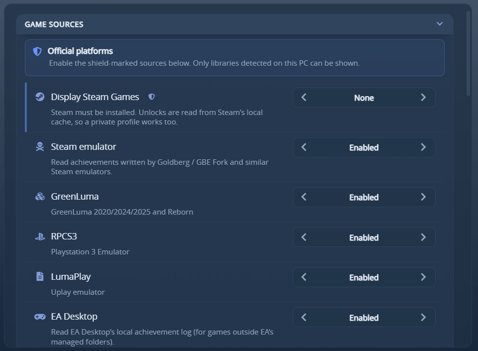 Settings - Game sources