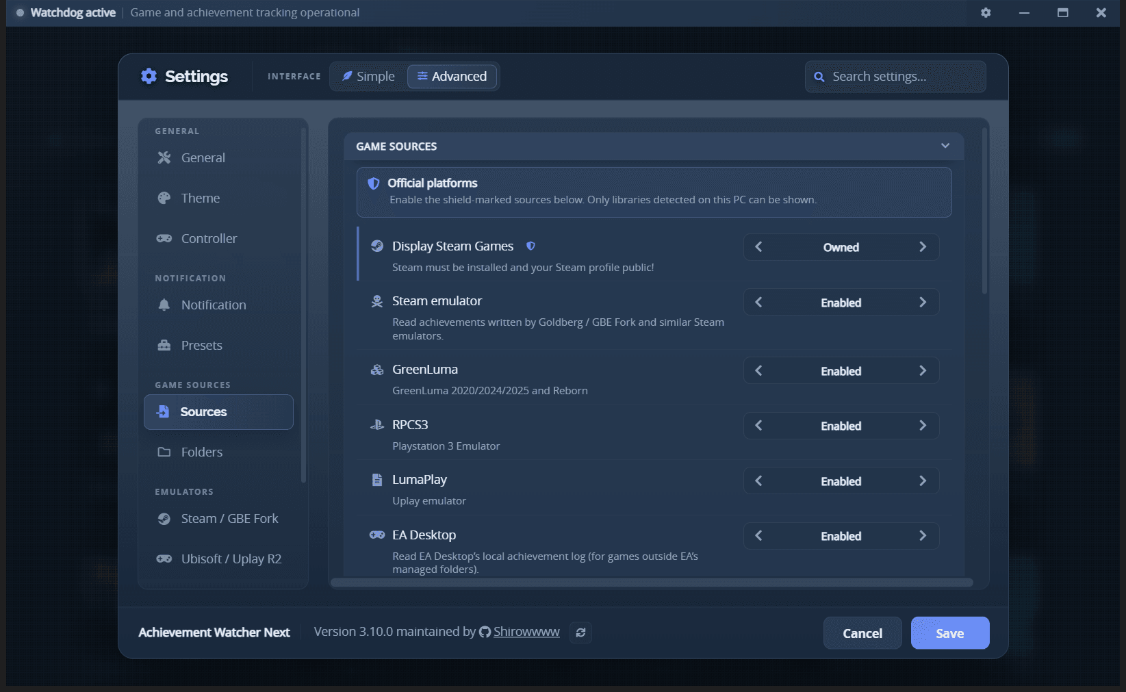 Settings - Game sources