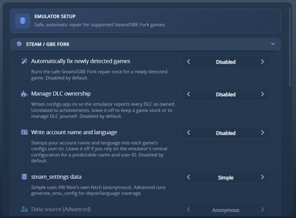 Settings - Steam / GBE Fork