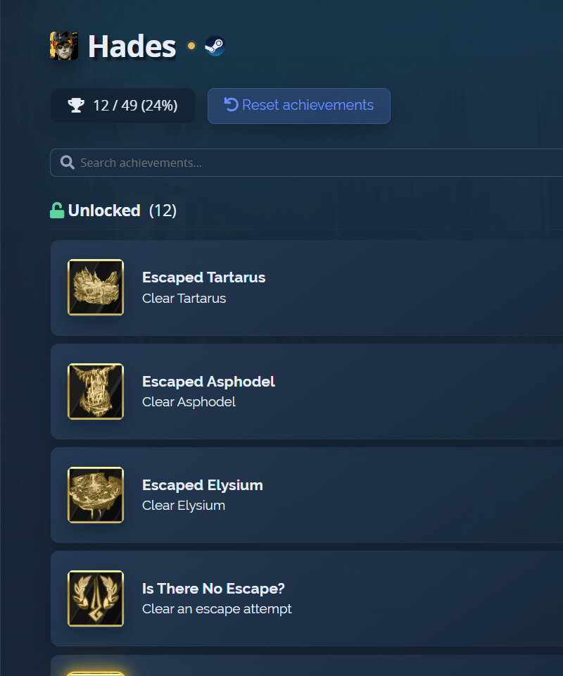 A game page where each achievement is graded gold, silver or bronze
