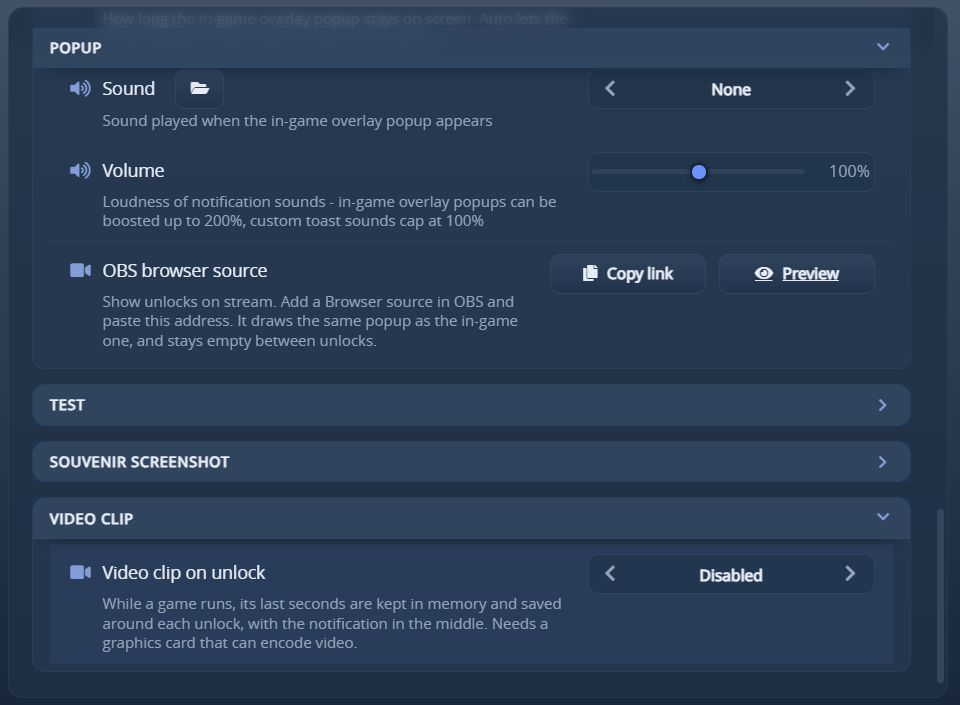 Settings, Notification: the Video clip section with its on/off switch